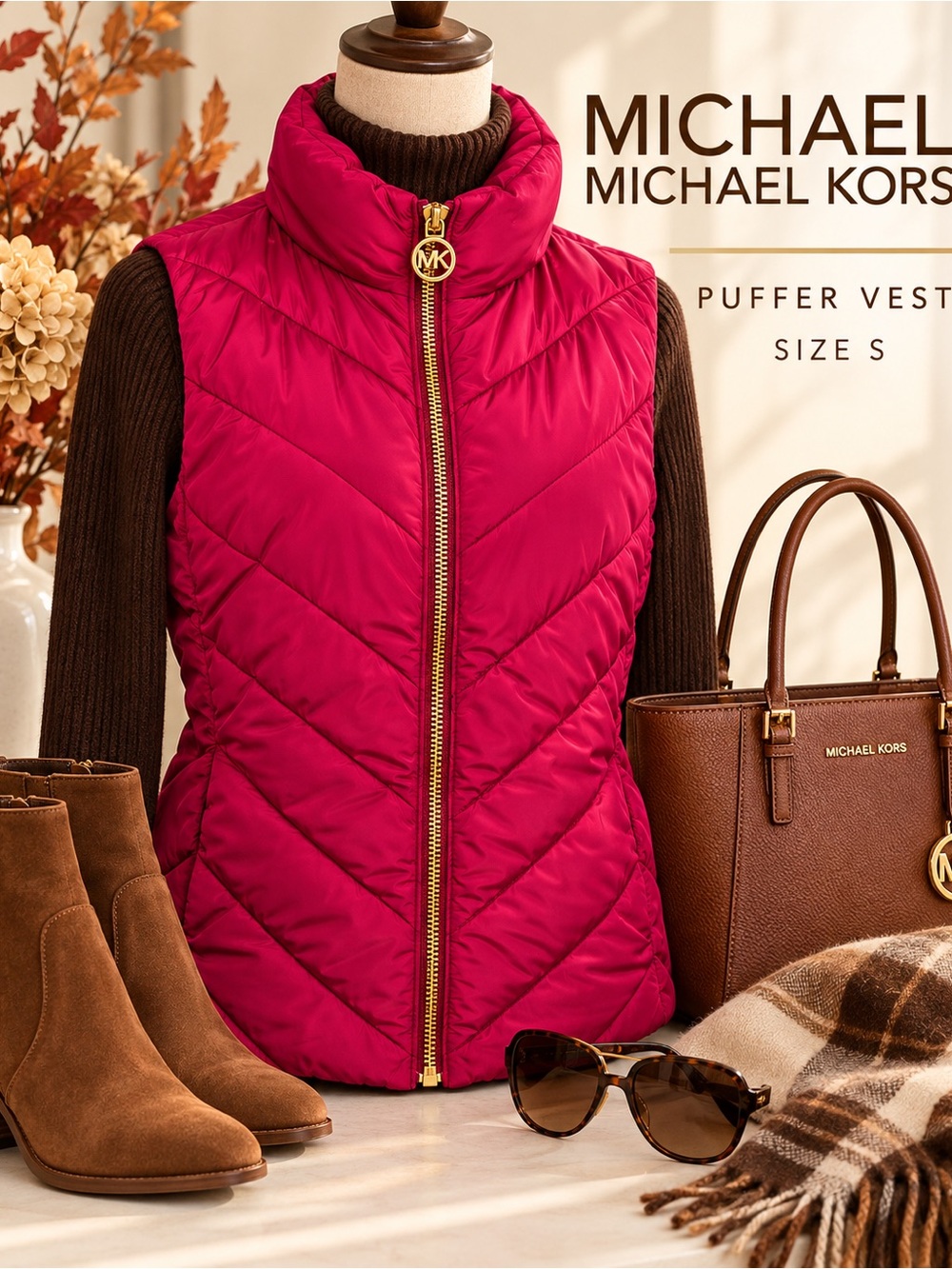 Michael Kors Fuchsia Pink Chevron Quilted Puffer Vest Gold Zip Size S